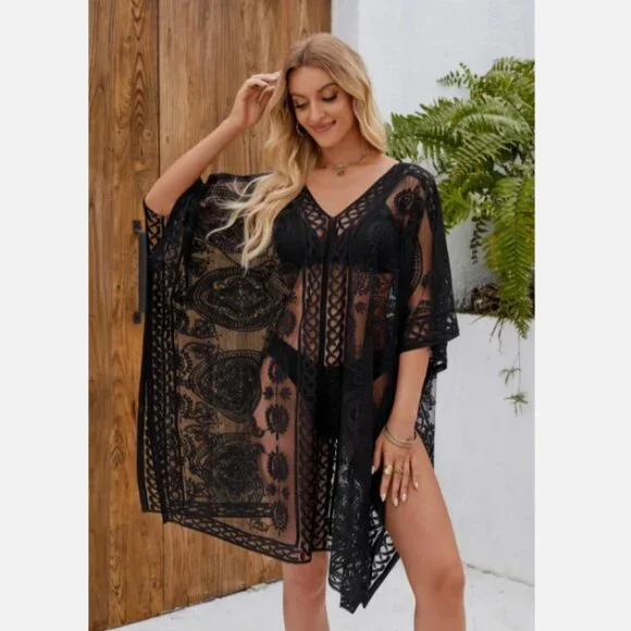 Colornival Swimwear Beach Pool Cover Up Poncho Black V Neck Lace Floral Paisley - Picture 2 of 13